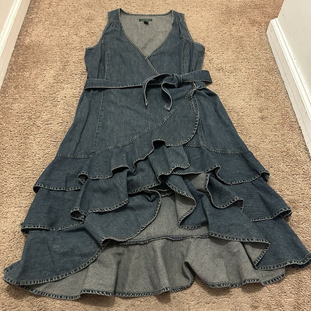 Lauren Ralph Lauren Denim Wrap Dress Size 4 Blue Ruffle Tiered Sleeveless Cotton